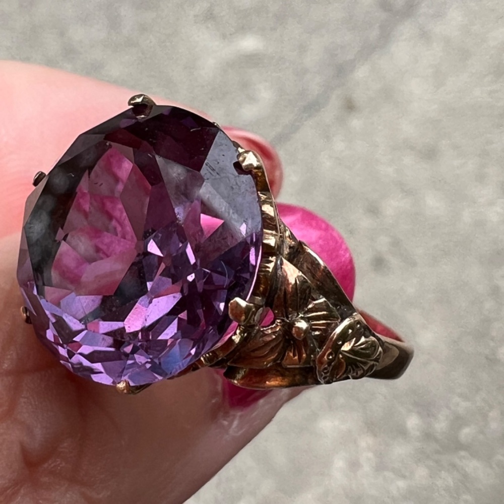 VINTAGE 14K YELLOW GOLD PURPLE COLOR CHANGE SAPPHIRE ALEXANDRITE FLOWER RING - Picture 9 of 16